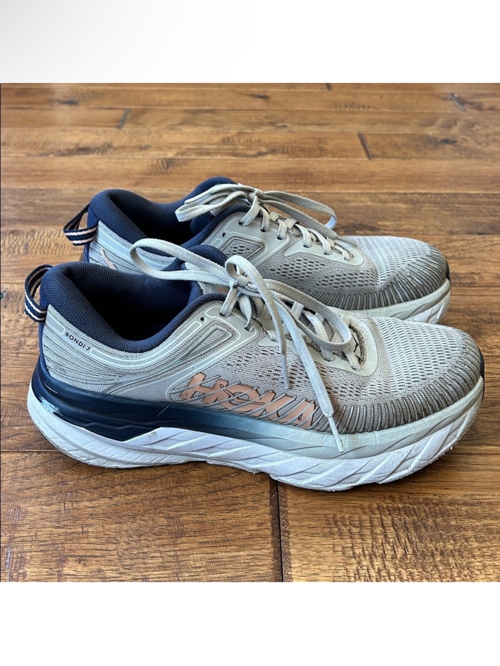 Hoka One One Women's Running Shoes in Light Gray, Navy, and Coral Accent - Picture 3 of 11
